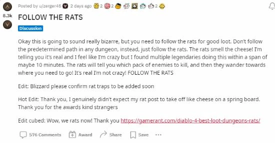 《暗黑4》玩家表示：地牢中跟隨老鼠能爆出好裝備