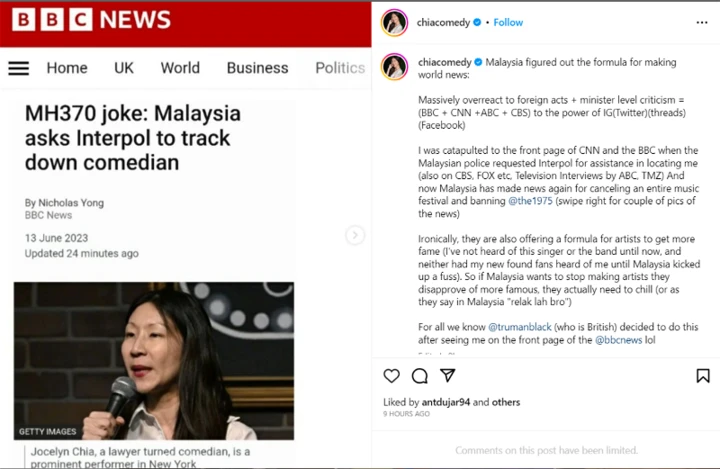 英樂團列黑名單　JocelynChia諷大馬懂得國際頭條「博版位」