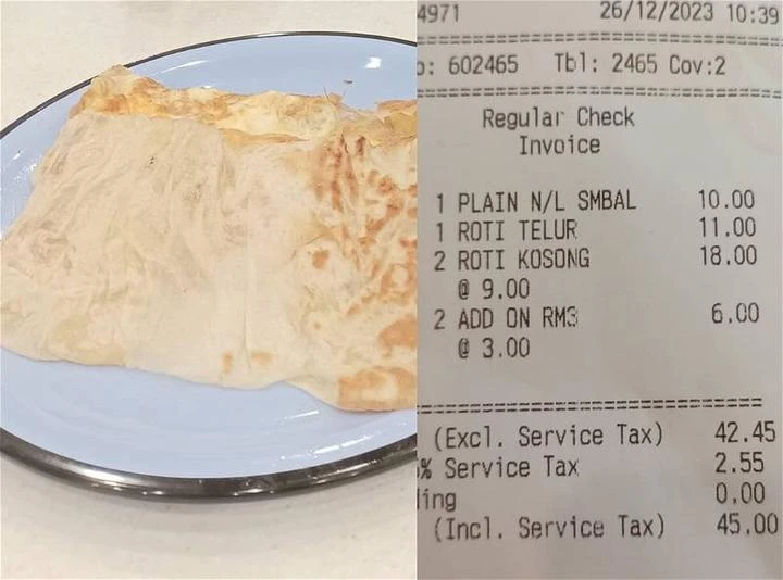 咖啡廳一片印度煎餅9令吉　令人咋舌