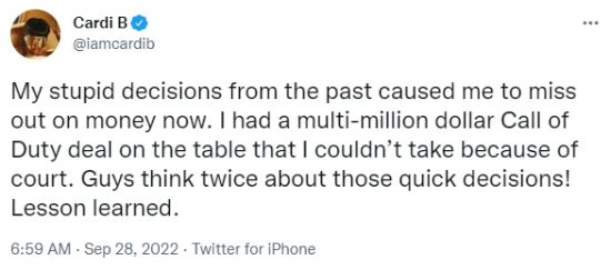 Cardi B稱因庭審錯過與COD的合作：掙不到錢好後悔