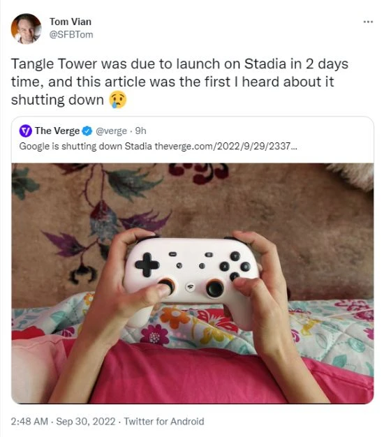 一批遊戲開發人員回應Stadia關停：今天剛得到消息