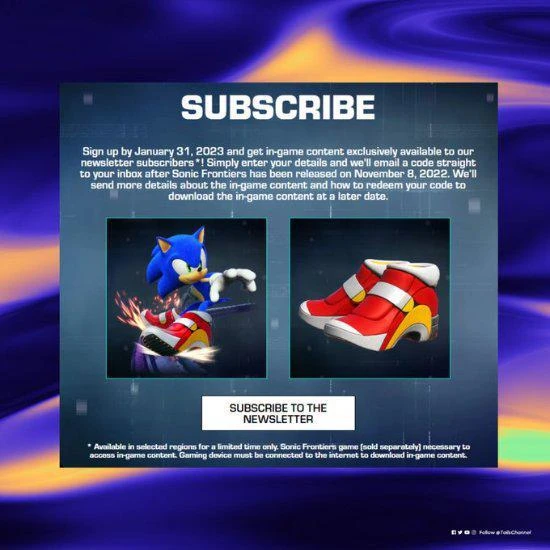 訂閱《索尼克未知邊境》新聞 遊戲里免費領一雙跑鞋