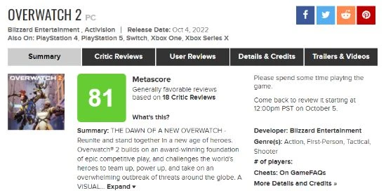 《守望先鋒 歸來》M站開分81分:並不完美但是好玩