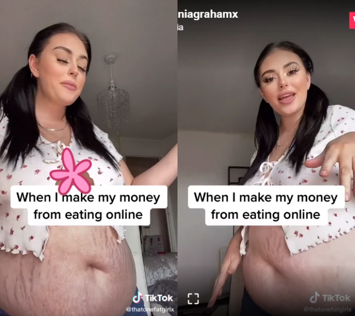 一餐能吃3000大卡　英女瓜子臉卻有超大肚腩