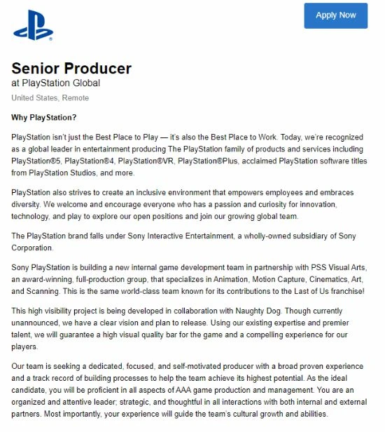 索尼與頑皮狗合作開發神秘項目 新招聘啟示現端倪