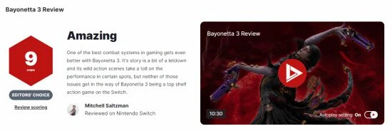 《獵天使魔女3》IGN 9分：NS上的頂級動作遊戲之一