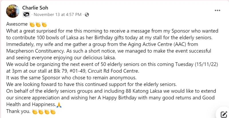 癌末攤販發起請長者吃叻沙活動回饋社區　多名善心人不留名捐面