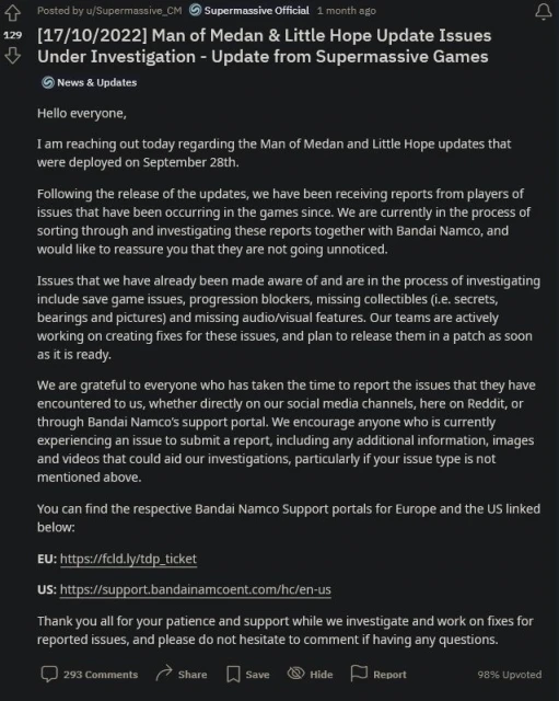 《黑相集》更新引發嚴重BUG兩月未修復引粉絲不滿