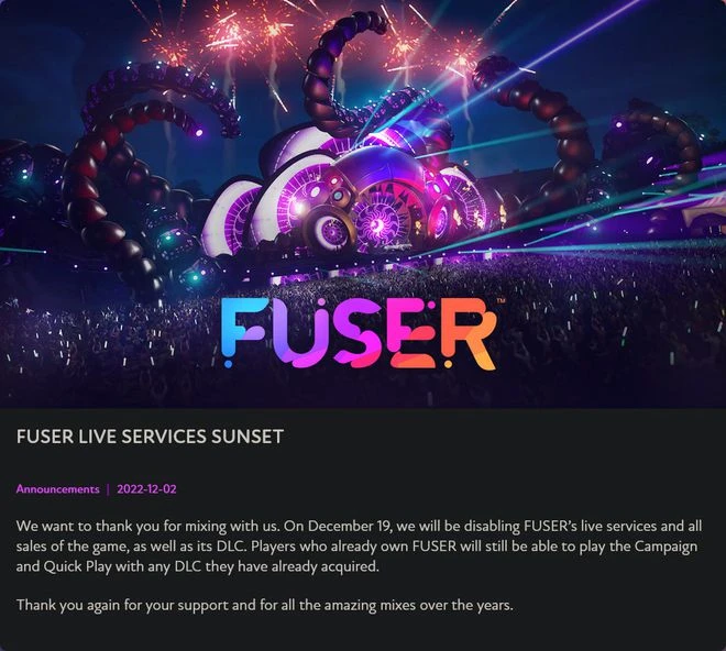 DJ音游《FUSER》於12月19日關閉服務並停售