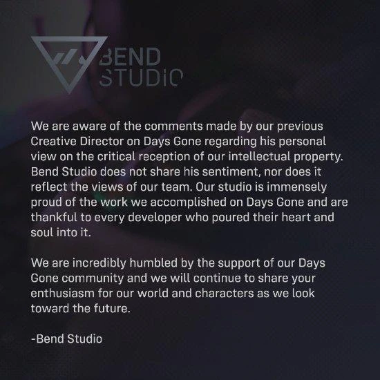 Bend回應《往日不再》主創爭議言論：不能代表我們