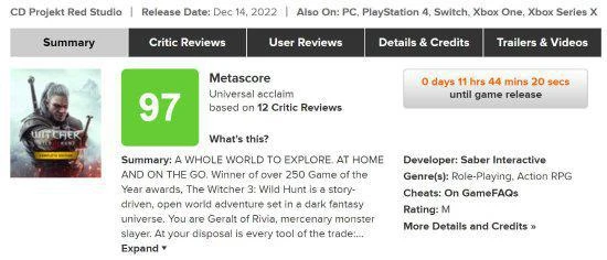 《巫師3》次世代版M站97分：多家媒體給出滿分！