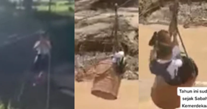 靠滑動懸掛油桶冒險過河   沙巴鄉區小學生上學之路坎坷