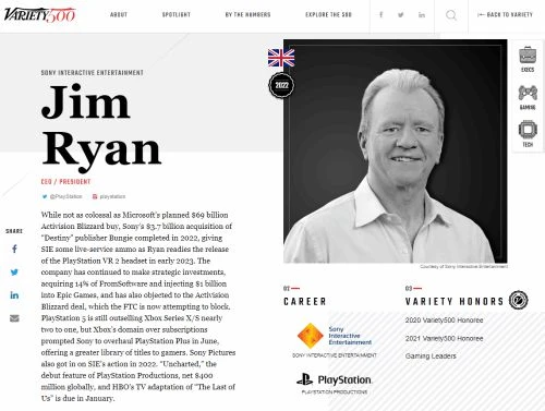 PS總裁吉姆瑞恩獲獎：媒體行業商業領袖五百強！