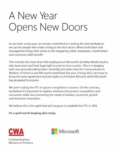 微軟投放支持工會廣告 試圖推動動視暴雪收購案