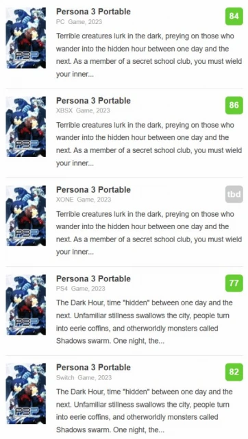 《P3P》M站媒體評分解禁：XSX版最高、PS4版最低