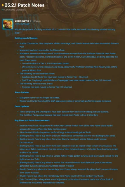 爐石25.2.1版本更新：戰棋平衡熱修，英雄回歸，教授發現池調整