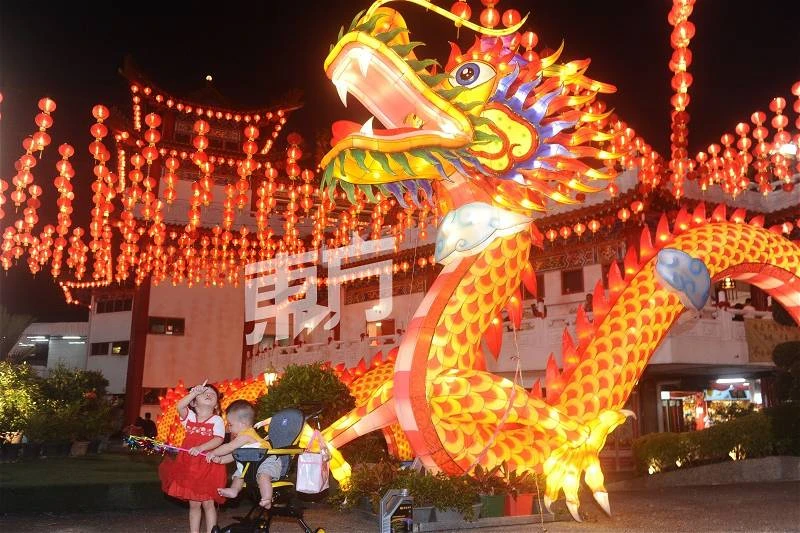 龍型彩燈及紅燈籠高掛　照耀天后宮迎新年