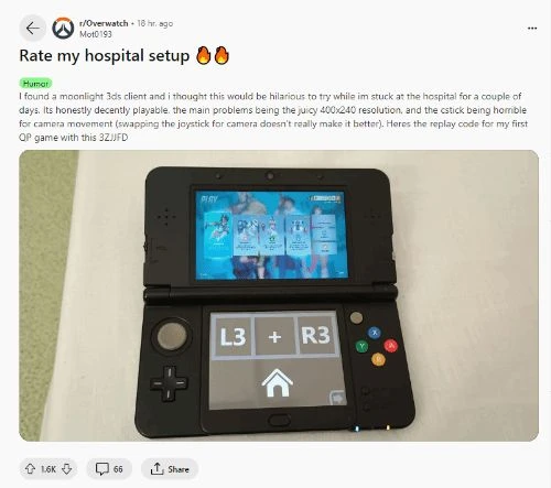 《守望先鋒2》玩家生病住院 折騰使用3DS串流遊玩