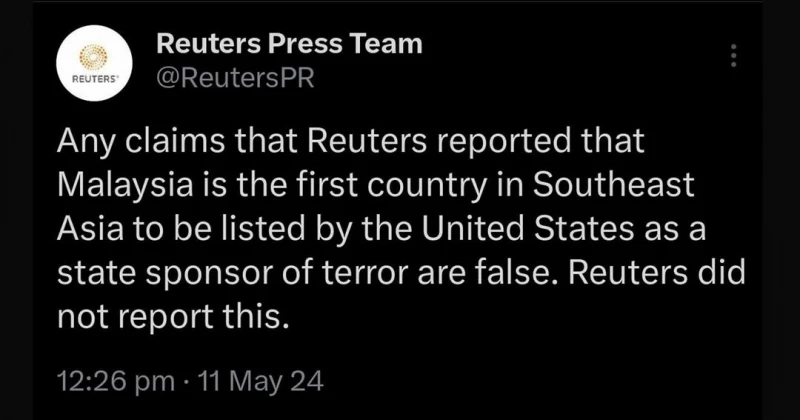 路透社否認大馬被美國列為「資助恐怖國家」報導