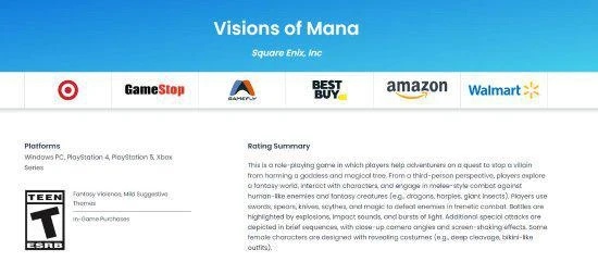 《聖劍傳說》獲ESRB"青少年"評級 女角色有類比基尼