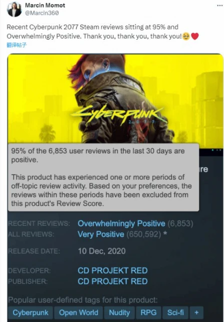 《2077》好評大漲 官方致謝：感謝給我們第二次機會