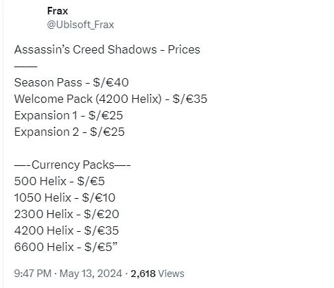 《刺客信條 影》DLC情報泄露：季票售價或為40美元