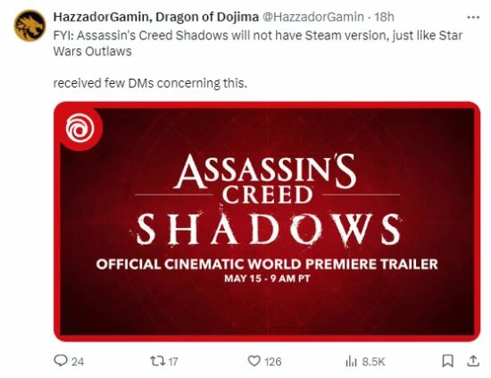 曝《刺客信條 影》沒有Steam版：PC端只登自家平台