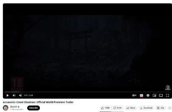 《刺客信條影》預告遭大量玩家點踩！數量超過點贊數