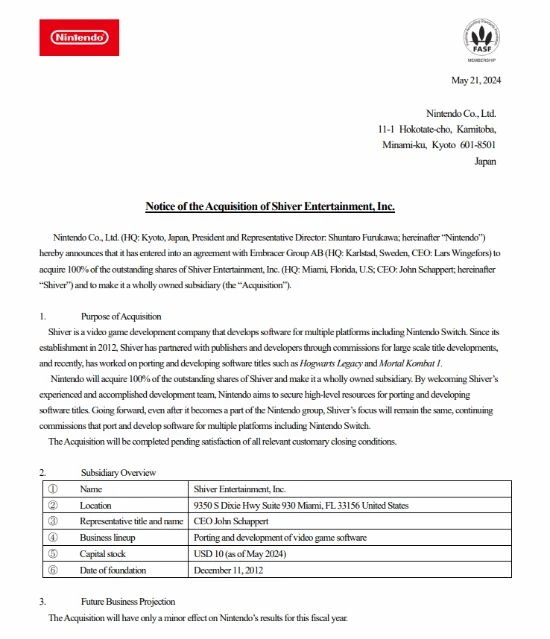任天堂宣布收購Shiver工作室：《霍格沃茨》移植商