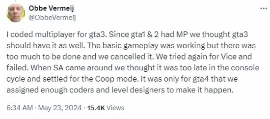 前技術總監:GTA3原本有多人模式 因工作量太大取消了