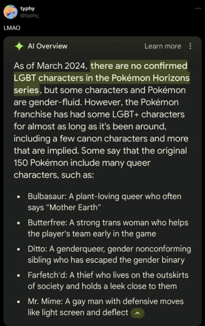 谷歌AI搜索鬧笑話！稱妙蛙種子、超夢是同性戀