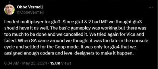 前R星員工：《GTA3》本有多人模式 但無奈被砍