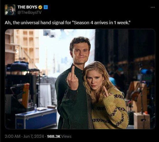 《黑袍》第四季全新宣傳圖：中指一豎 開播慶祝！