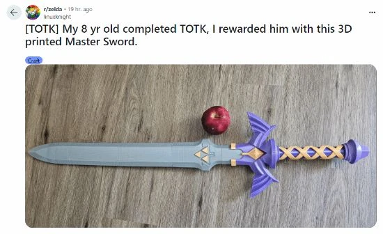 8歲小孩通關《王國之淚》 父母3D列印大師劍作為獎勵