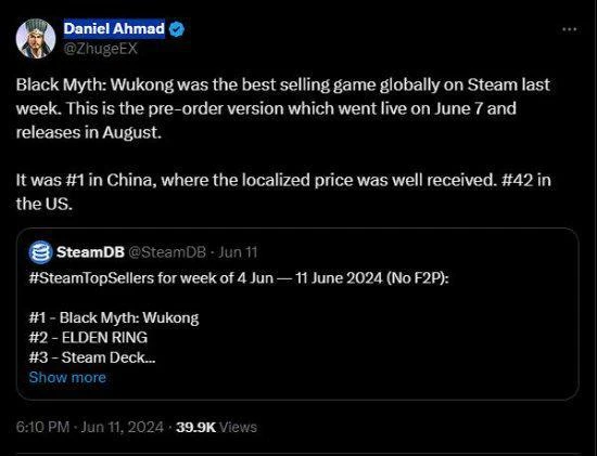 《黑神話》銷量國區第1美區則僅第42 引外網玩家熱議