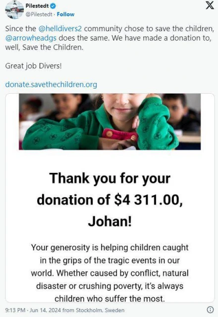 《地獄潛者2》玩家為救孩子放棄新裝備 開發商捐款