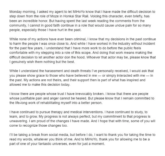 《崩鐵》英配宣布辭職 因虐待女友劣跡遭玩家抵制